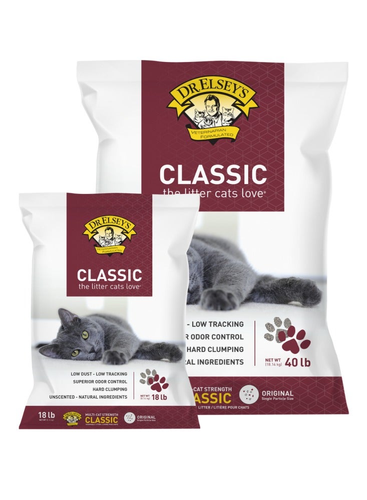 Dr. Elsey's Classic Unscented Clumping Clay Cat Litter. product- sizes : 18 lb and 40 lb bags. - Image 1